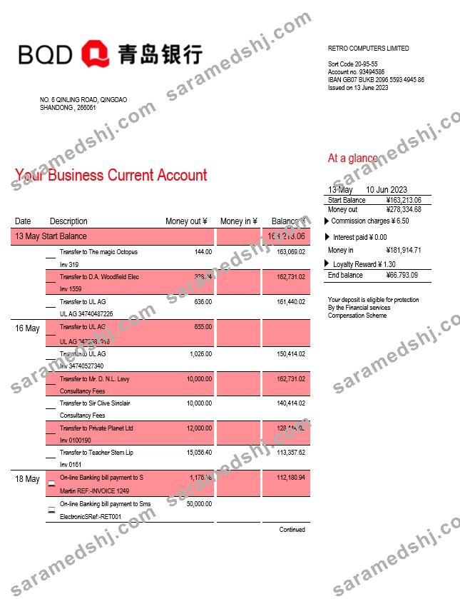 Bank of Qingdao firm statement Word and PDF template